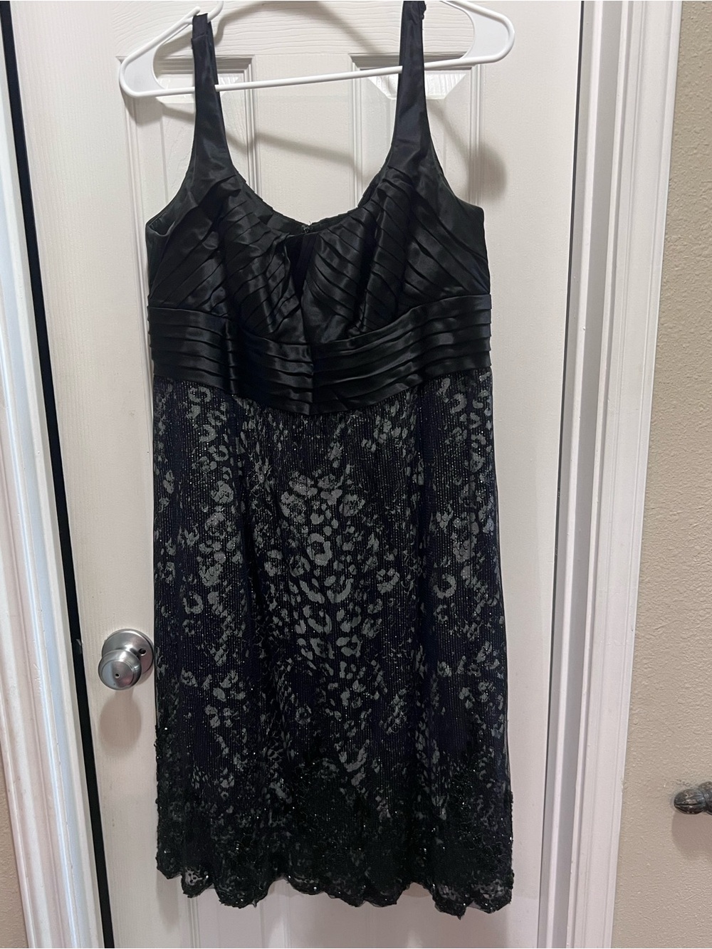 Carmen Marc Valvo Black Satin Bodice Lace A-Line Dress